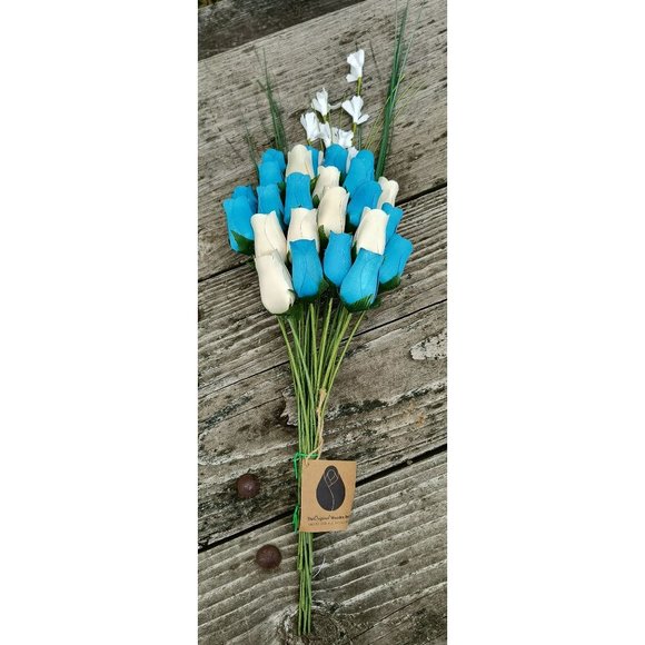 2 Dozen It's A Boy Light Blue and White The Original Wooden Rose Flower Bouquet - Picture 6 of 9